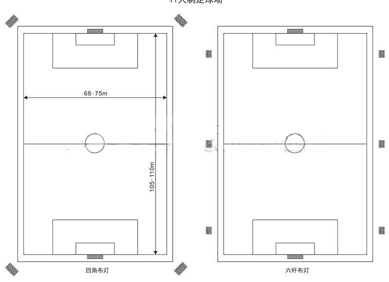 不帶跑道11人制足球場(chǎng)地照明四角布燈和六桿布燈圖，八桿布燈可以直接咨詢(xún)